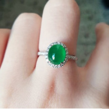 缅甸冰种阳绿翡翠戒指女帝王绿蛋面裸石指环戒面满绿S925银镶嵌