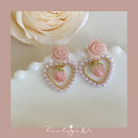 「玫瑰庄园」日系小草莓耳饰气质仙女可爱粉色玫瑰珍珠耳环/耳夹