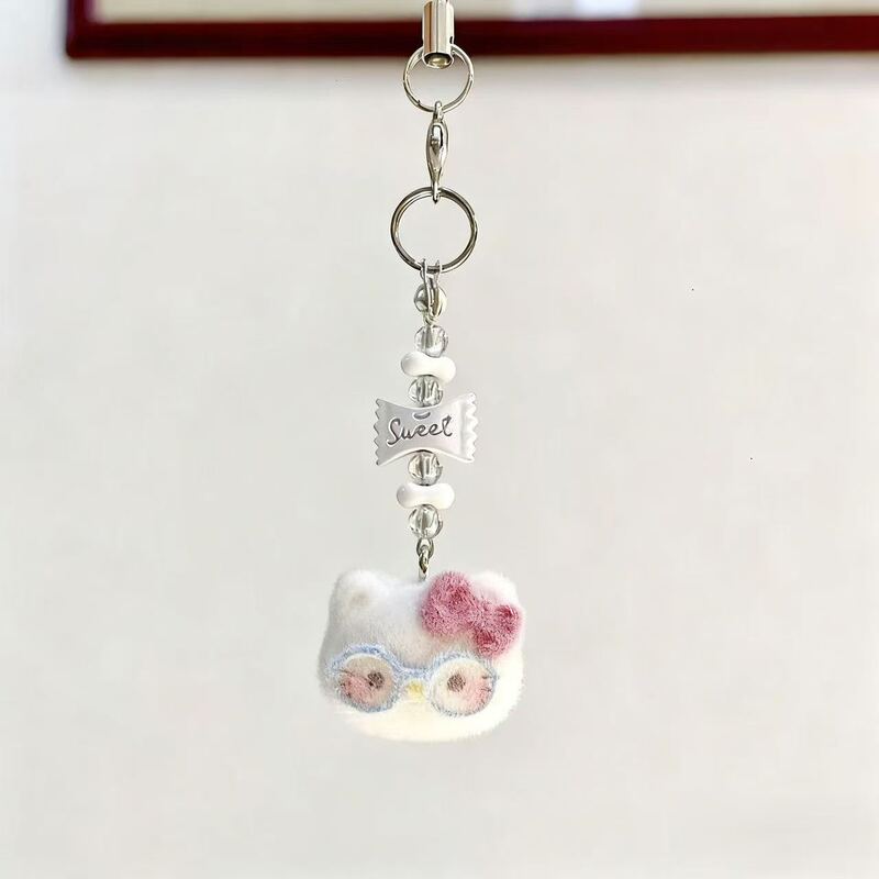 【Glasses Kitty】Flocked Kitty Cat Beaded Phone Chain Cute Girly Bag Card Holder CCD Pendant