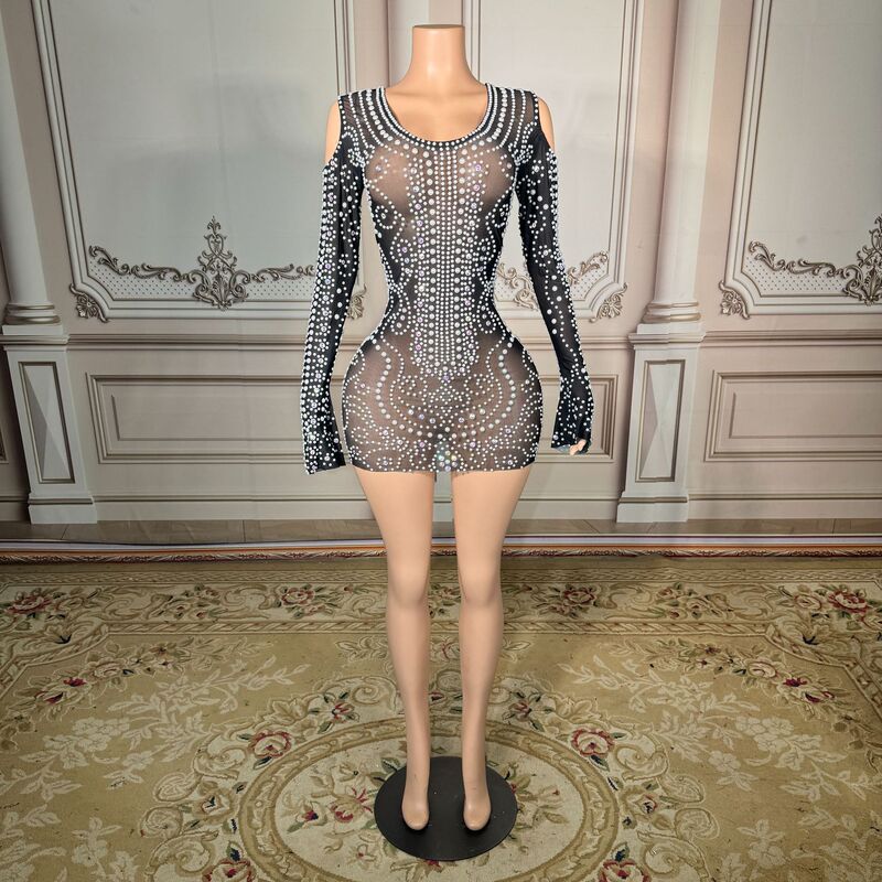 Black rhinestone sheer mesh dress, bodycon mini dress, birthday luxury short gown, cocktail party evening dress Black rhinestone sheer mesh dress, bodycon mini dress, birthday luxury short gown, cocktail party evening dress