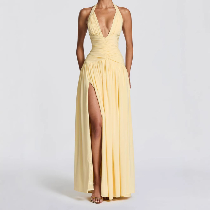 Independent Brand European and American Style New Dress Sexy Backless Slit Long Dress Deep V-Neck Women's Dress Gown Independent Brand European and American Style New Dress Sexy Backless Slit Long Dress Deep V-Neck Women's Dress Gown