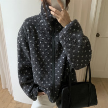 实拍 小众复古撞色爱心图案立领拉链棉服短款保暖外套开衫 3色