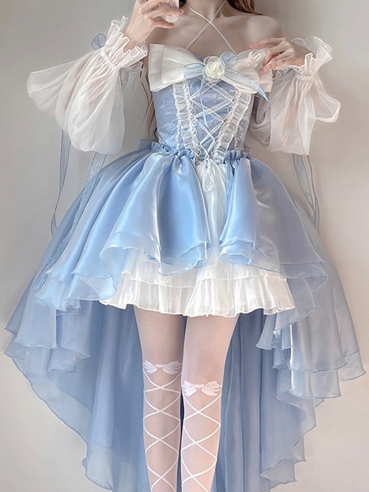 B7C蓝色lolita连衣裙洋装设计前短后长花嫁重工大蝴蝶结拖尾公主-阿里巴巴