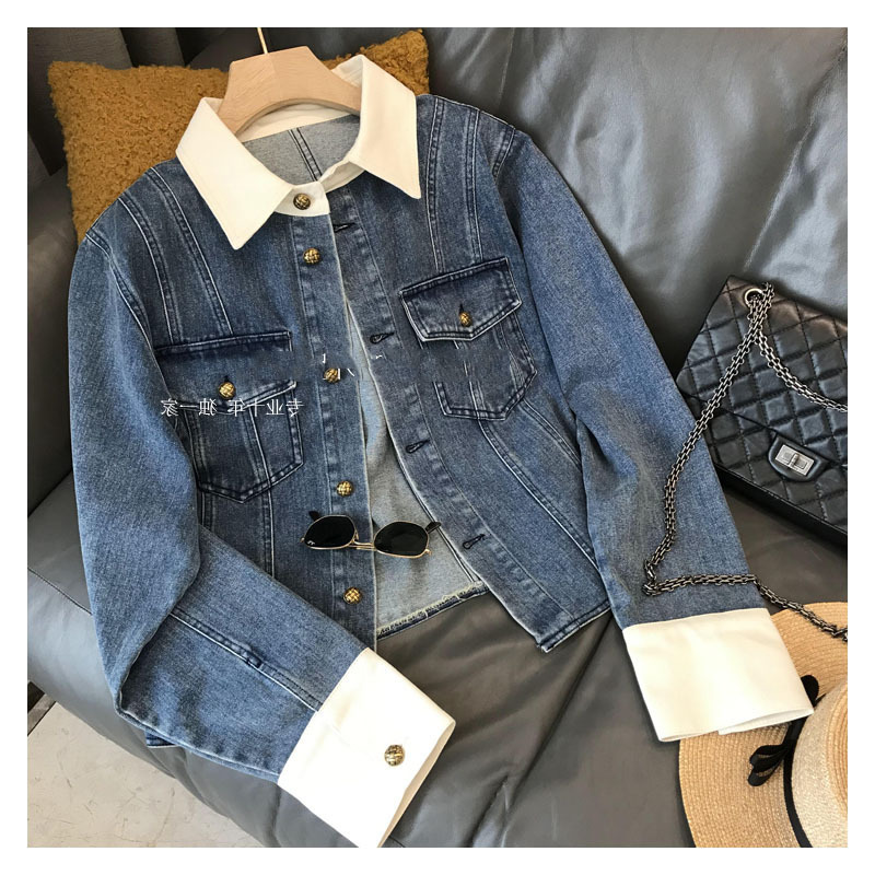 Women's Clothing Just buy it with your eyes closed! Highly recommended! 2024 new color matching white collar niche loose short denim jacket_voghion.com