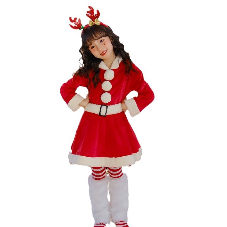 日本版クリスマス子供服ヘラジカワンピース赤いスカート幼稚園女の子サンタクロース長袖|undefined