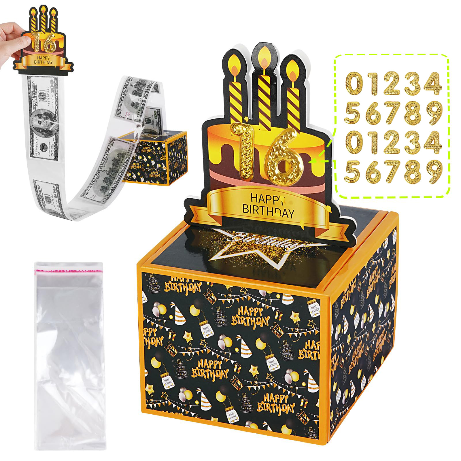 亚马逊送黑金生日蛋糕数字贴DIY年龄款生日派对惊喜抽钱盒沃尔玛