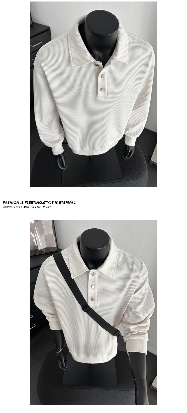 American-style Trendy Solid Color Waffle Knit Old Money Style 2026 Spring New Polo Collar Long-sleeve Sweatshirt, Unisex_voghion.com