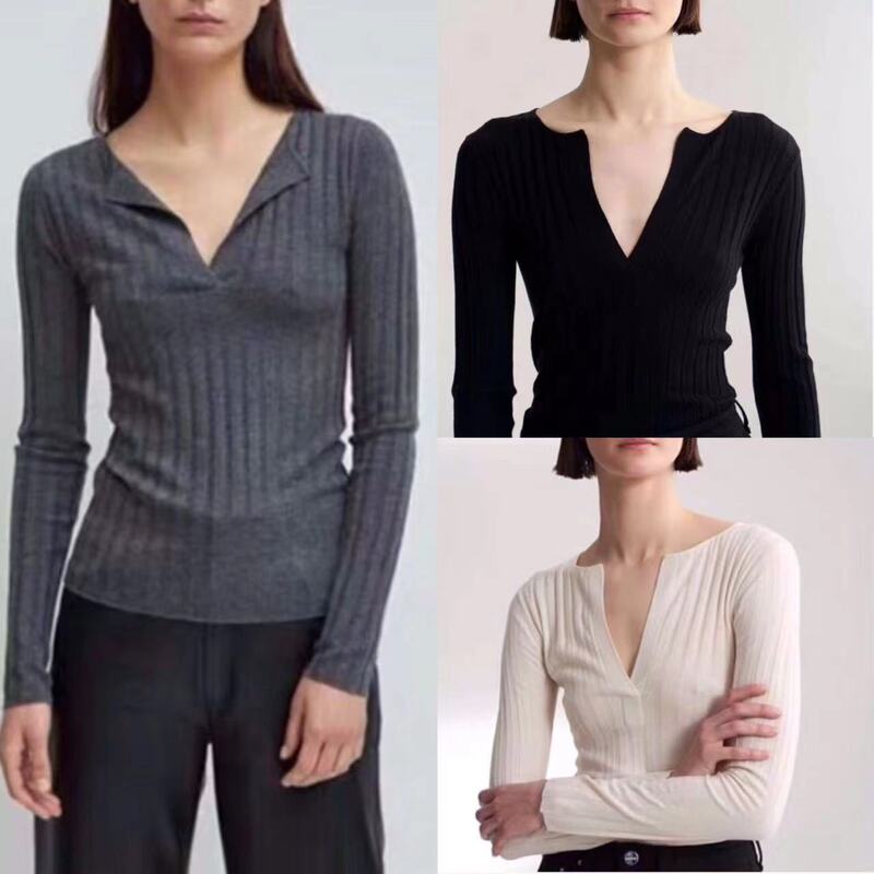Scandinavian Tot Classic Wool Pit Strip Long-Sleeved Knitwear Women's Slim V Neck Bottoming Shirt Niche Top