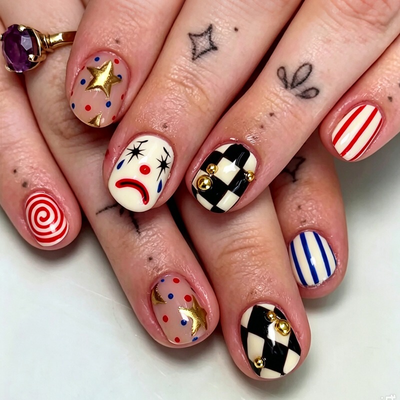 24-piece oval Halloween clown press-on nails with plaid swirl checkerboard pattern, cross-border TK nail pieces 24-piece oval Halloween clown press-on nails with plaid swirl checkerboard pattern, cross-border TK nail pieces