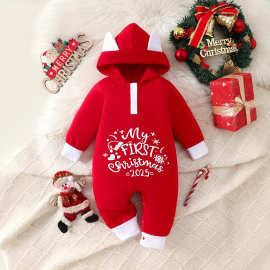 婴儿连体衣 带帽可爱动物耳朵宝宝  红色爬服