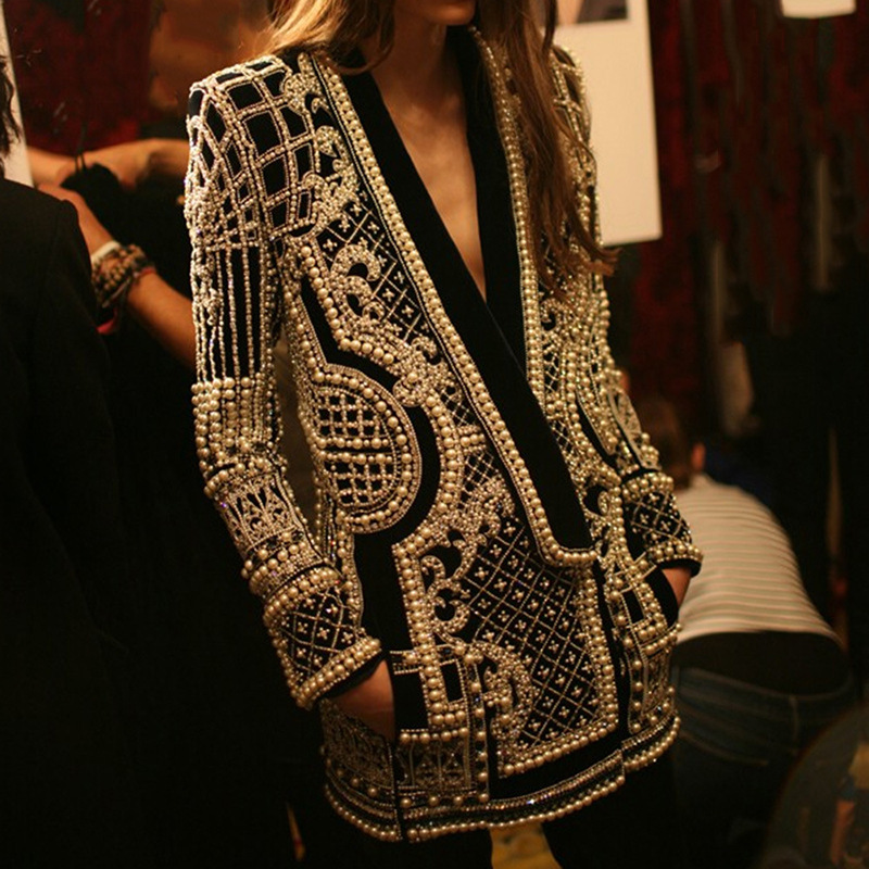 Heavy-Duty Vintage-Style Blazer 2026 Spring New Fashion Elegant Beaded Printed Long-Sleeve High-End Jacket for Women Heavy-Duty Vintage-Style Blazer 2026 Spring New Fashion Elegant Beaded Printed Long-Sleeve High-End Jacket for Women
