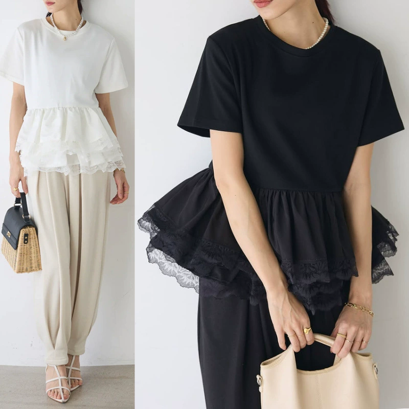 Трансграничный экспорт внешней торговли новый тяжелый промышленный кружевной торт с короткими рукавами футболка с круглым вырезом