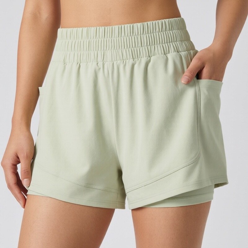 New Style Fake Two-Piece Lined Sports Shorts for Women, Summer Elastic Waistband, Quick-Dry Breathable Running Yoga Fitness Pants