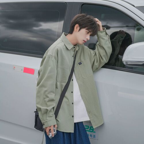 Japanese-style black workwear long-sleeved shirt jacket for men, spring and autumn version, retro versatile loose-fitting shirt