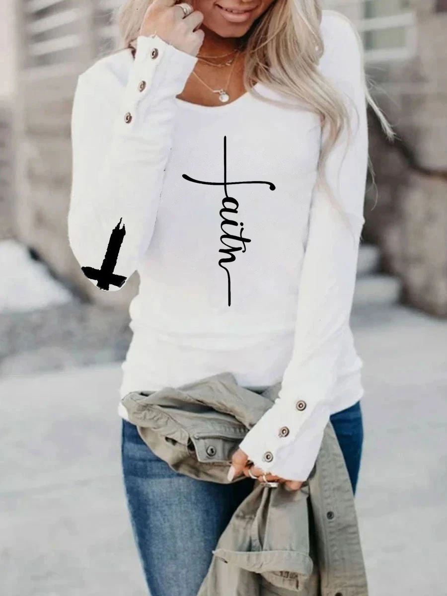 Women's T-shirt Long Sleeve T-shirts Printing Casual Cross Letter display picture 1