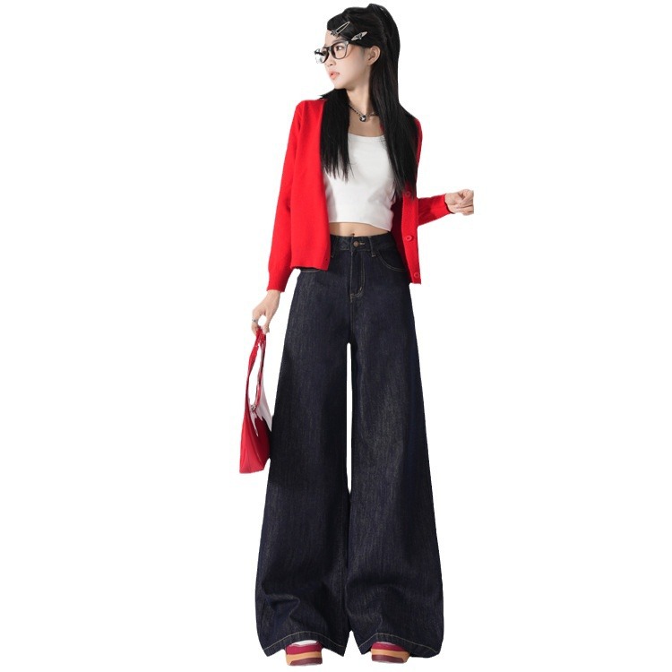 높은 허리 넓은 다리 청바지 여성의 가을과 겨울 새로운 느슨한 올매치 스트레이트 매달려 캐주얼 바지