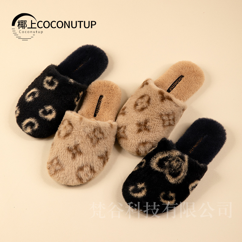 Furry Slippers, Fashionable Pictures, High-End Velvet, Warm Home Indoor Non-Slip 2025 New Autumn and Winter Couple Cotton Slippers
