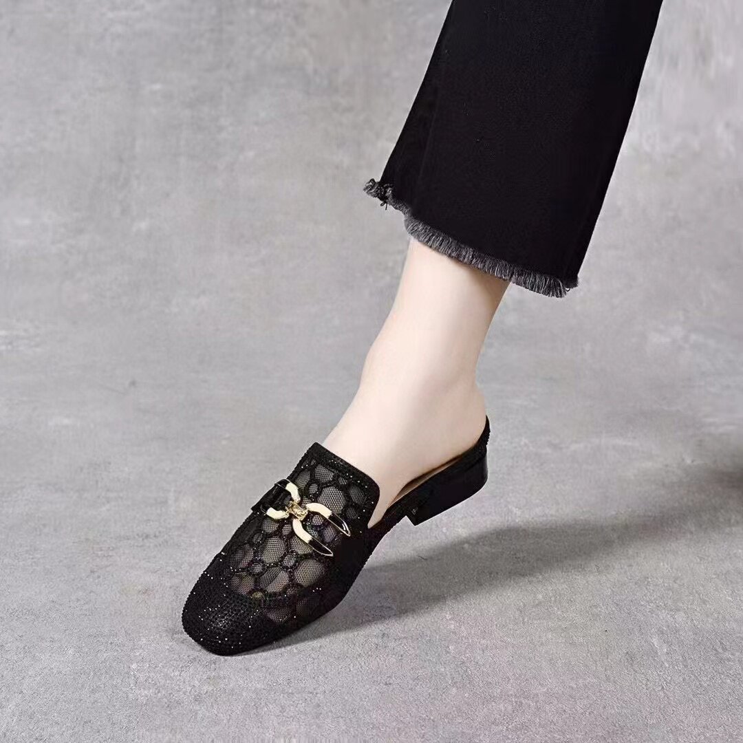 Dép sandal nữ mũi vuông lưới sợi gót thấp thoáng khí — màu đen
