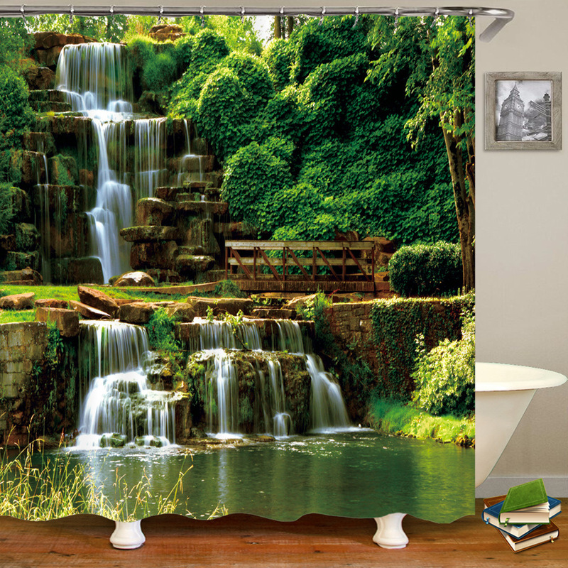 Cross-Border Sourcing of Modern 3D Printed Forest Shower Curtains with Green Plant and Tree Landscape Designs, Including Hooks for Bathroom Use