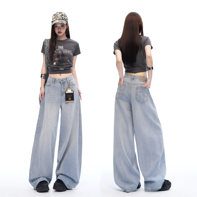 New Style Light Blue Cotton Slub Vertical Stripe Distressed Washed Handmade Low-Waist Loose Jeans for Women New Style Light Blue Cotton Slub Vertical Stripe Distressed Washed Handmade Low-Waist Loose Jeans for Women