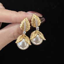 隆隆金法式复古气质珍珠耳环12mm黄金叶优雅时尚气质单品热卖款