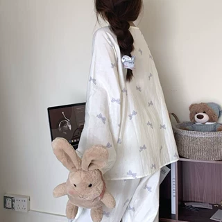睡衣女春秋夏季云朵棉长袖长裤开衫可爱卡通少女可外穿家居服套装