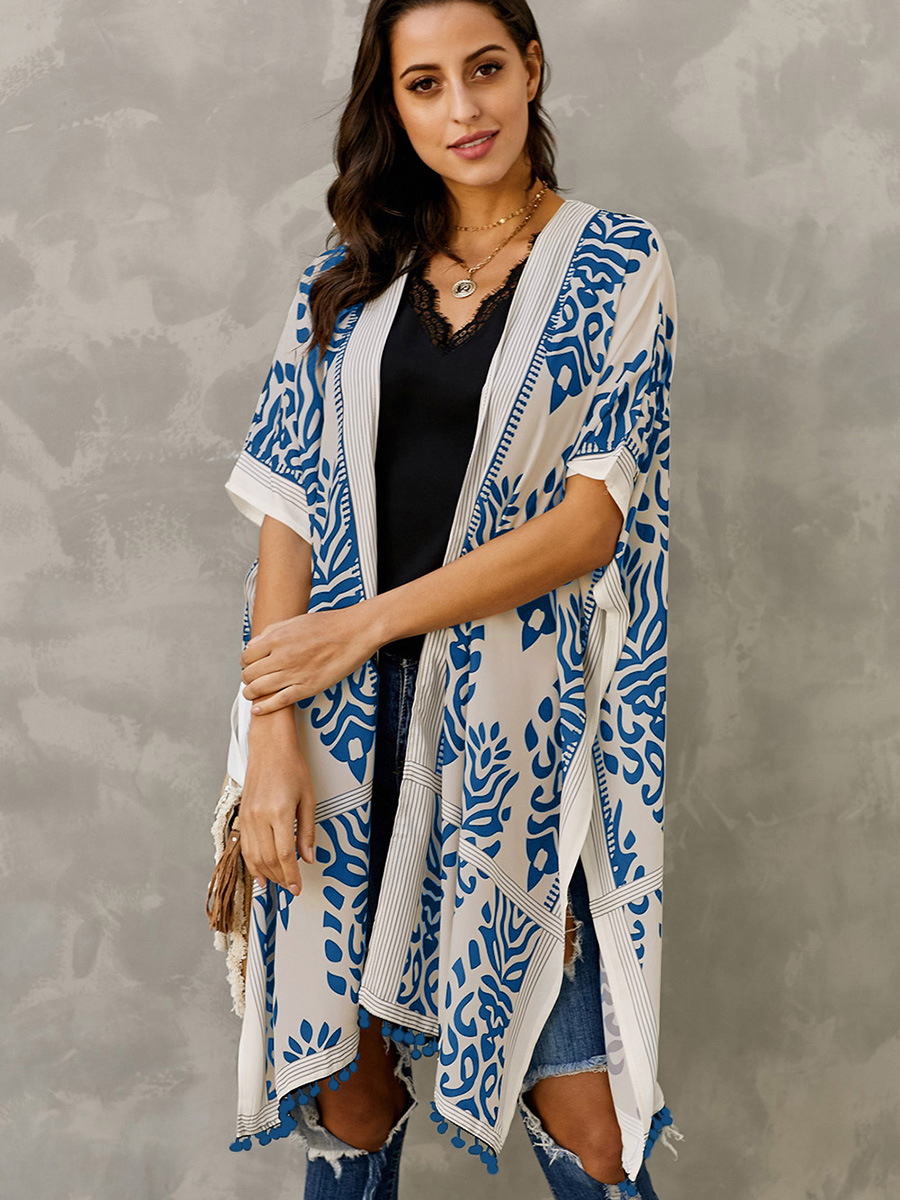 Hawaiian Seaside Vacation Cardigan Short-Sleeved Sun Protection Clothing European and American Printed Beach Cover-Up Mid-Length Bikini Jacket