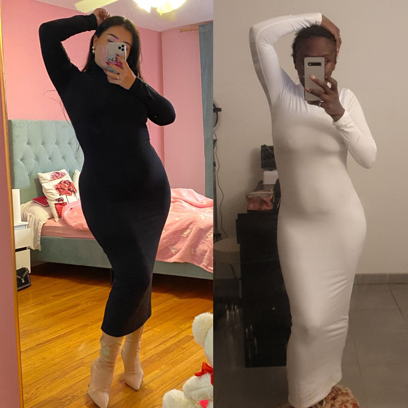 New Long-Sleeved Dress with High Waist, Sexy Slim Fit, Hip-Lifting, Fashionable High-Neck, Plus-Size Leopard Print Ankle-Length Bodycon Dress for Women