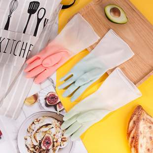 Two-color dishwashing gloves thickened kitchen latex gloves bowl rubber gradient rubber housework cooking cleaning prevention