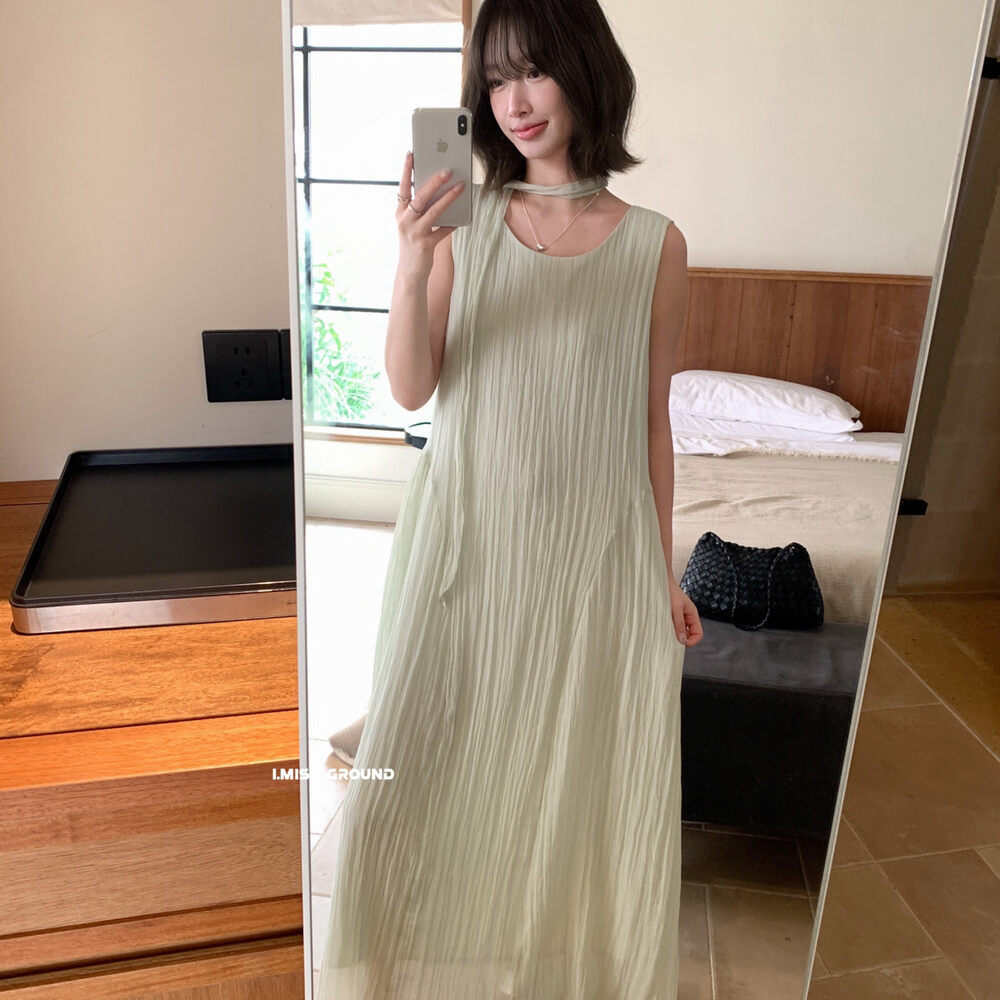 Đầm maxi nữ không tay chất liệu Tencel phong cách nghỉ dưỡng Hàn Quốc — trắng sữa, Bột cam, xanh lá cây