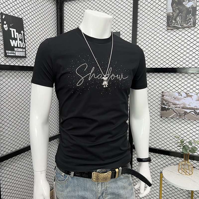 Men's Slim Fit Short Sleeve T-Shirt Heavy Duty Rhinestone And Letter Crew Neck Fashion Top New Arrival Summer_viptrois.com
