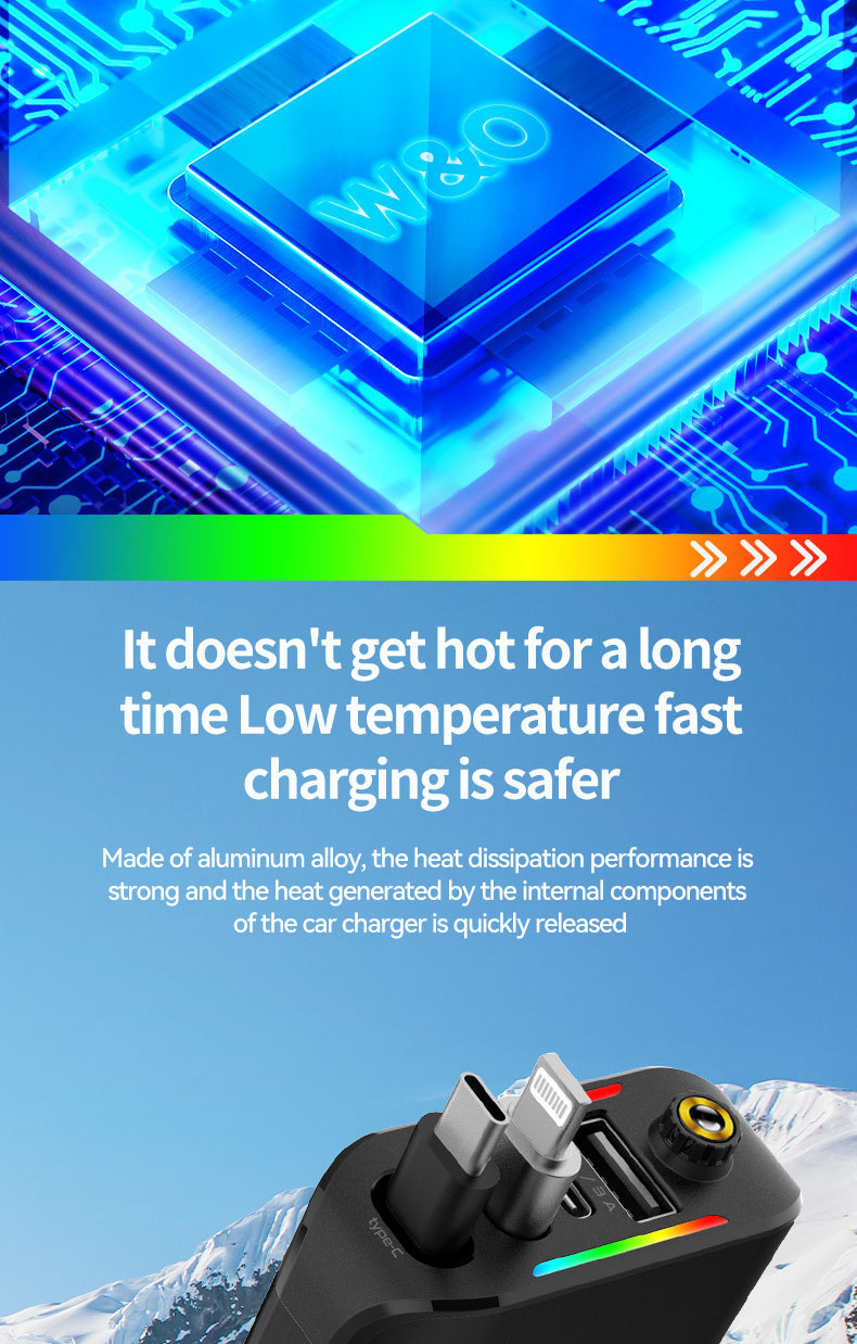 Cross-border car charger E1 supports 120W super-fast charging, features a retractable cable, and includes a starry sky ambient light and a cigarette lighter socket