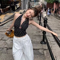 跨境新款时尚波点挂脖式美背瑜伽服背心夏季户外健身运动露背上衣