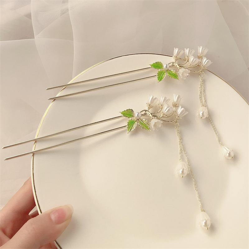 Estilo antiguo temblor perla orquídea borla horquilla hembra verano con cheongsam hanfu updo Palacio lámpara horquilla tocado