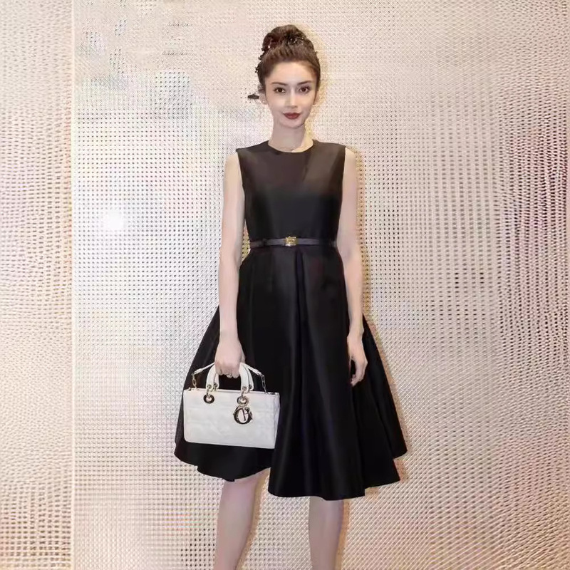 Star Yang Ying Same Style Black Sleeveless Belt dress Women's Summer Slim-fit Slimming A- line Skirt Slimming Elegant Skirt