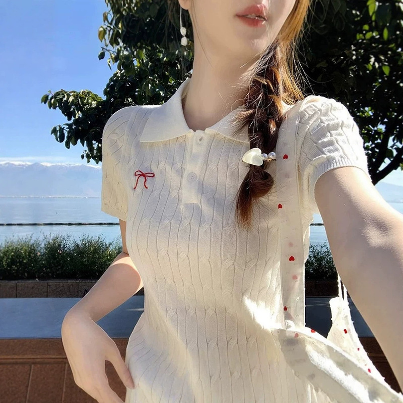 Academy-Style Embroidered Bowknot Twist Polo Collar Knit Shirt Short-Sleeve Women's Summer New Ice Silk Knit Top