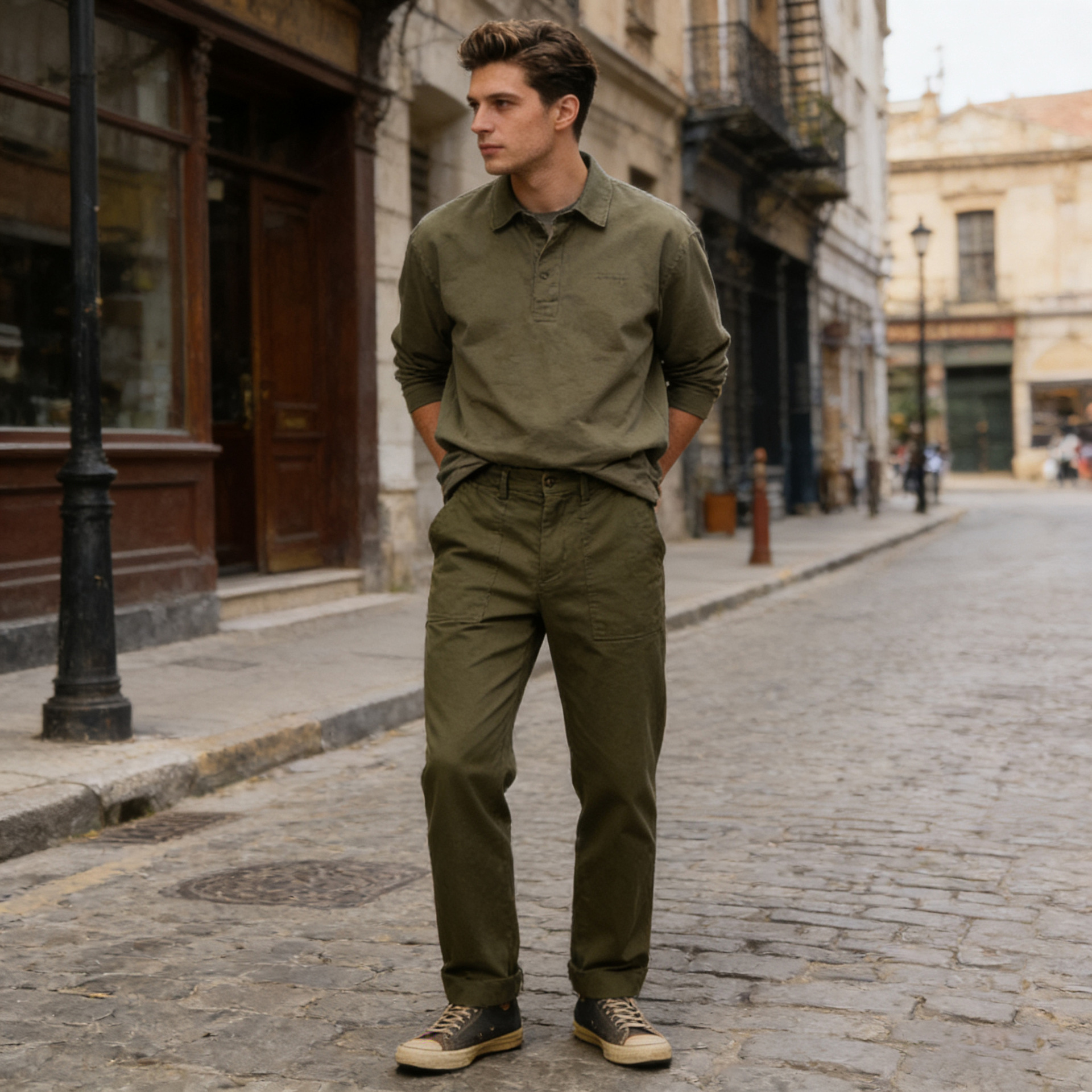 OKONKWO Americano retro militar pantalones OG-107 ropa de trabajo pantalones casuales patrón de espiga pantalones ameikaji