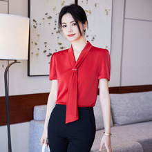 红色衬衫女夏季短袖时尚洋气独特别致飘带职业气质上衣雪纺衫衬衣