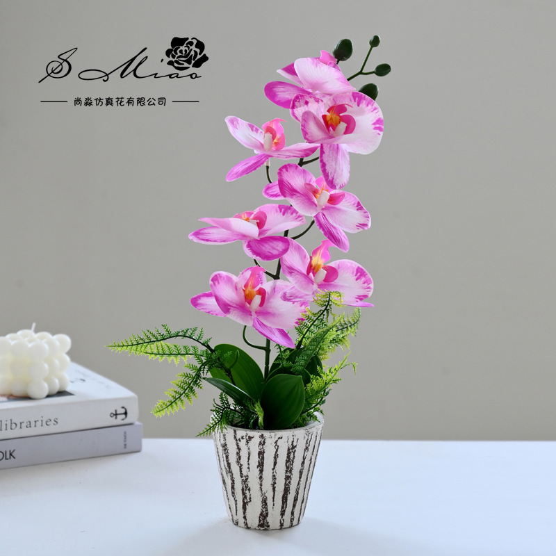 8 flores 3 hojas se sienten Phalaenopsis bonsai flor artificial de gama alta sala de estar decoración floral artificial en maceta flor artificial image 4