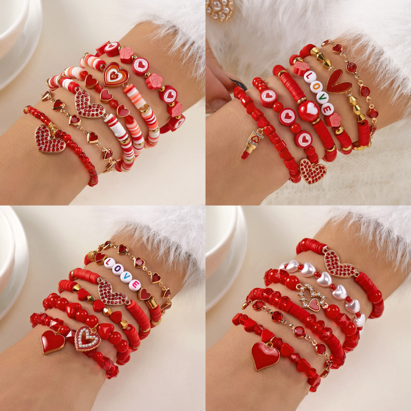Cross-Border Hot-Selling Valentine's Day Love Bracelet Set Girls Fashion Jewelry Soft Pottery Beaded Peach Heart Red Bracelet Cross-Border Hot-Selling Valentine's Day Love Bracelet Set Girls Fashion Jewelry Soft Pottery Beaded Peach Heart Red Bracelet
