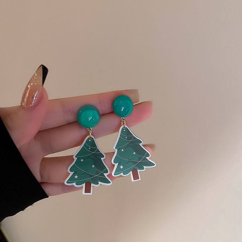 lovely Christmas series Earrings christmas tree Snowman girl Cartoon Autumn and winter Silver needle Earrings No pierced ears Ear clip