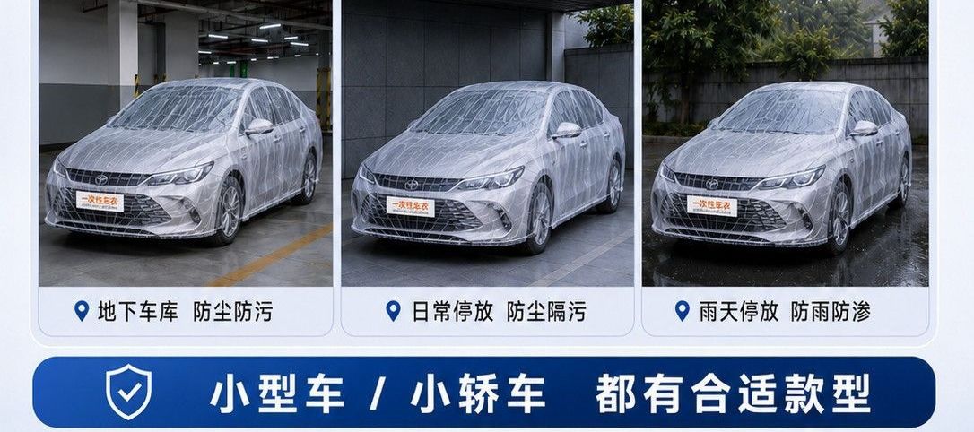 Dustproof car cover made of plastic, suitable for all seasons, fully snowproof outdoor car cover with elastic wrap and disposable drawstring, thickened