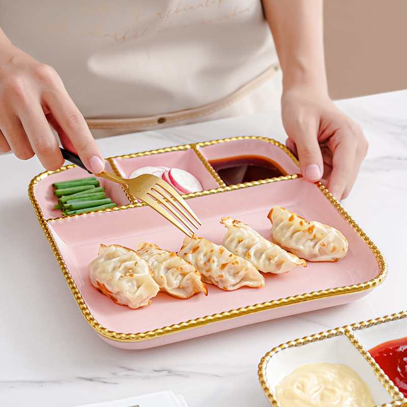 Estilo ins borde dorado con plato de vinagre Placa de dumpling hogar plato de merienda de tres rejillas de cerámica para una persona plato de desayuno de rejilla creativa