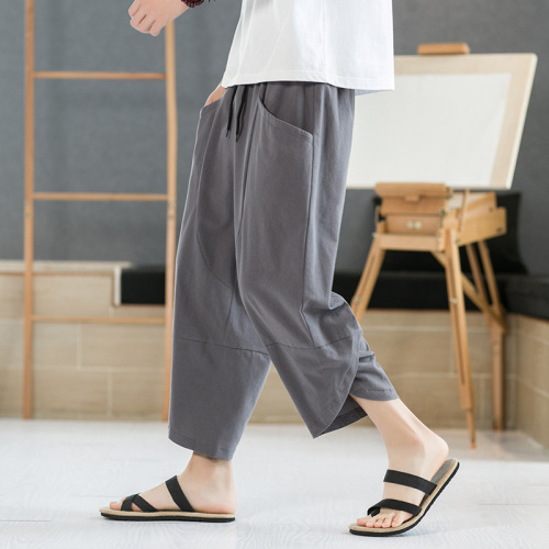 Cotton and linen 8/16 pants for men, summer thin breathable 7/16 shorts, outerwear loose wide-leg casual sports 9/16 pants