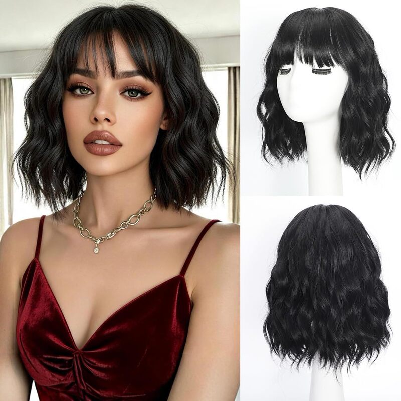 Amazon Cross-Border Wig for Women Bobo Style Synthetic Curly Hair Wig with Bangs Natural Shoulder-Length Wig 12inch Wholesale