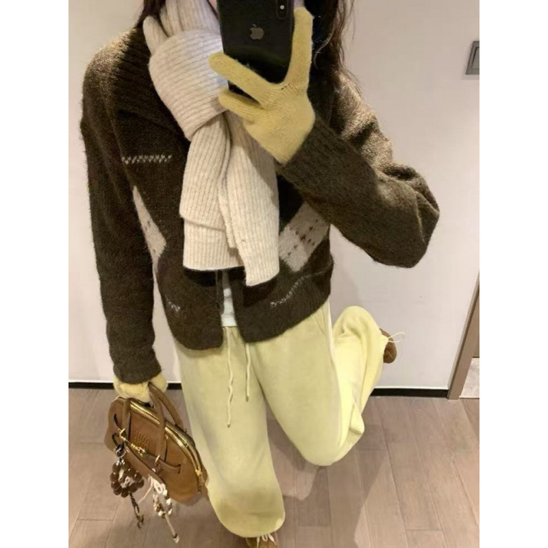 YS韩系小个子菱格翻领毛衣女秋冬慵懒风宽松软糯短款外穿针织上衣|undefined
