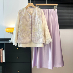 好质量中式汉服重工刺绣盘扣马甲圆领斜襟长袖上衣搭配鱼尾裙套装