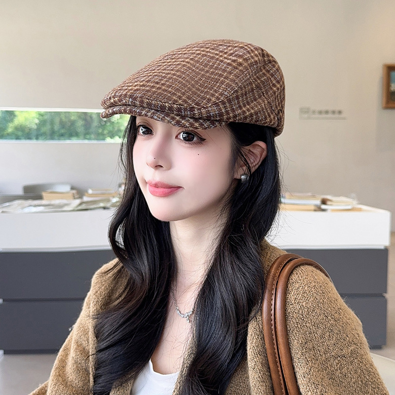 复古格子前进帽女秋冬百搭英伦风反戴毛呢鸭舌帽保暖贝雷画家帽|undefined