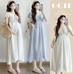 Real Shot of 2025 Maternity Wear Summer New French Retro Polka Dot Puff Sleeve V Neck Loose Dress