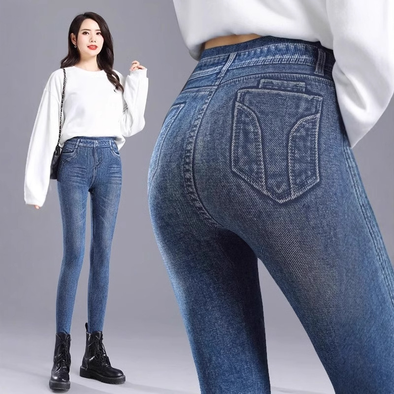 跨境新款仿牛仔印花外穿小脚高腰显瘦高弹修身休闲百搭女士打底裤